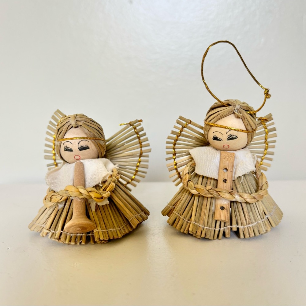 Vintage Straw Angel Ornaments Playing Instruments